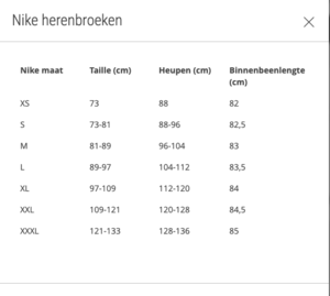 Nike Trainingsbroek Park 20 Heren  maattabel