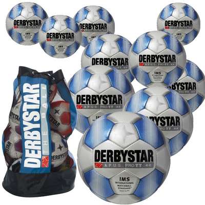 Derbystar Voetbal Apus Pro TT wit/blauw 10 stuks met gratis ballenzak en pomp